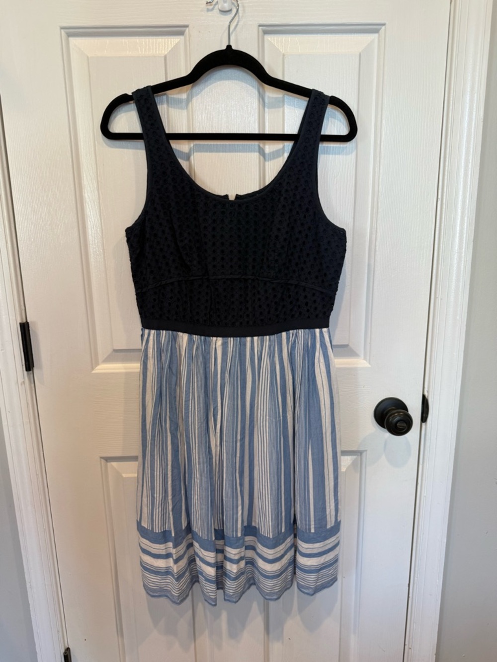 LOFT Navy Eyelet Bodice with Blue and White Striped Midi Skirt